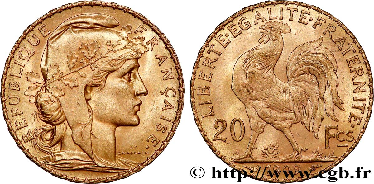 20 francs or Coq, Liberté Égalité Fraternité 1909 Paris F.535/3 SUP+ 