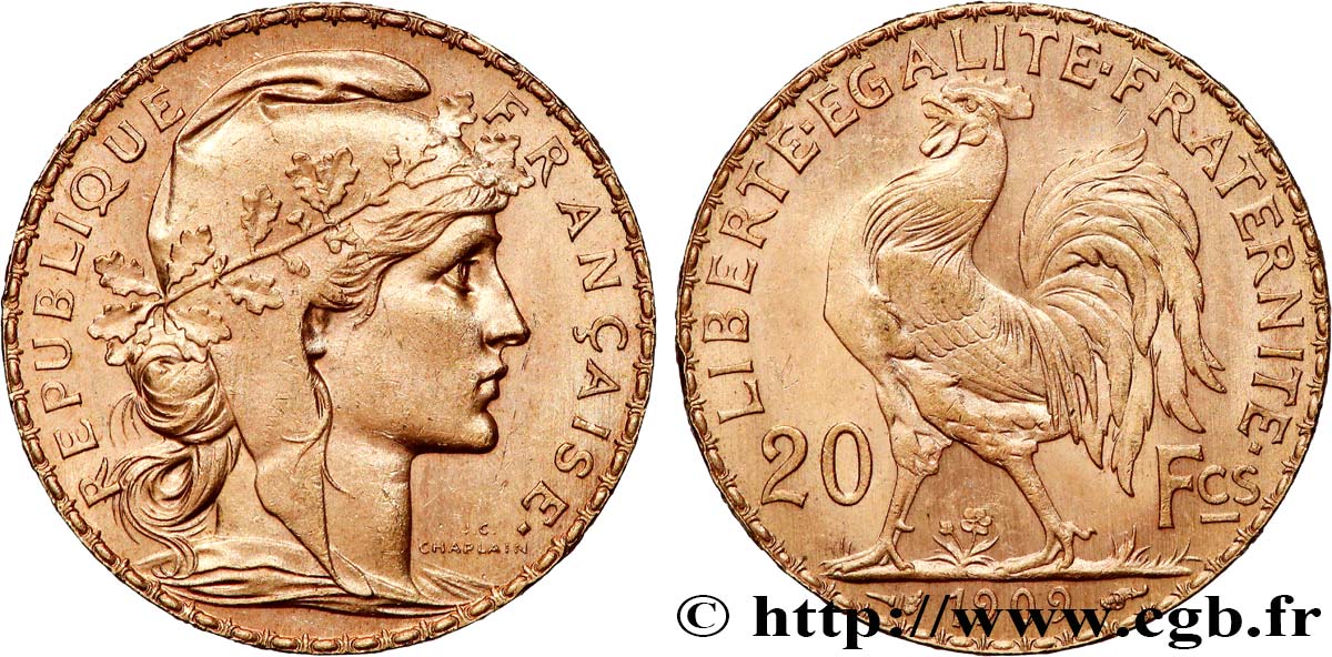 20 francs or Coq, Liberté Égalité Fraternité 1909 Paris F.535/3 SUP 