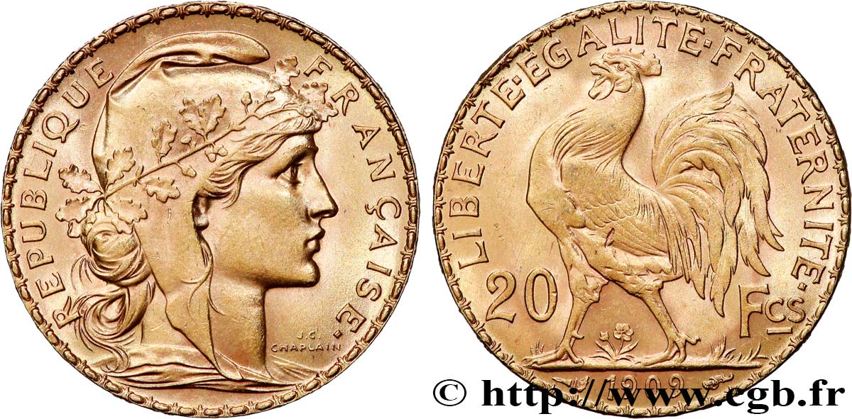 20 francs or Coq, Liberté Égalité Fraternité 1909 Paris F.535/3 SUP+ 