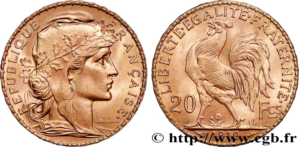 20 francs or Coq, Liberté Égalité Fraternité 1910 Paris F.535/4 SUP+ 