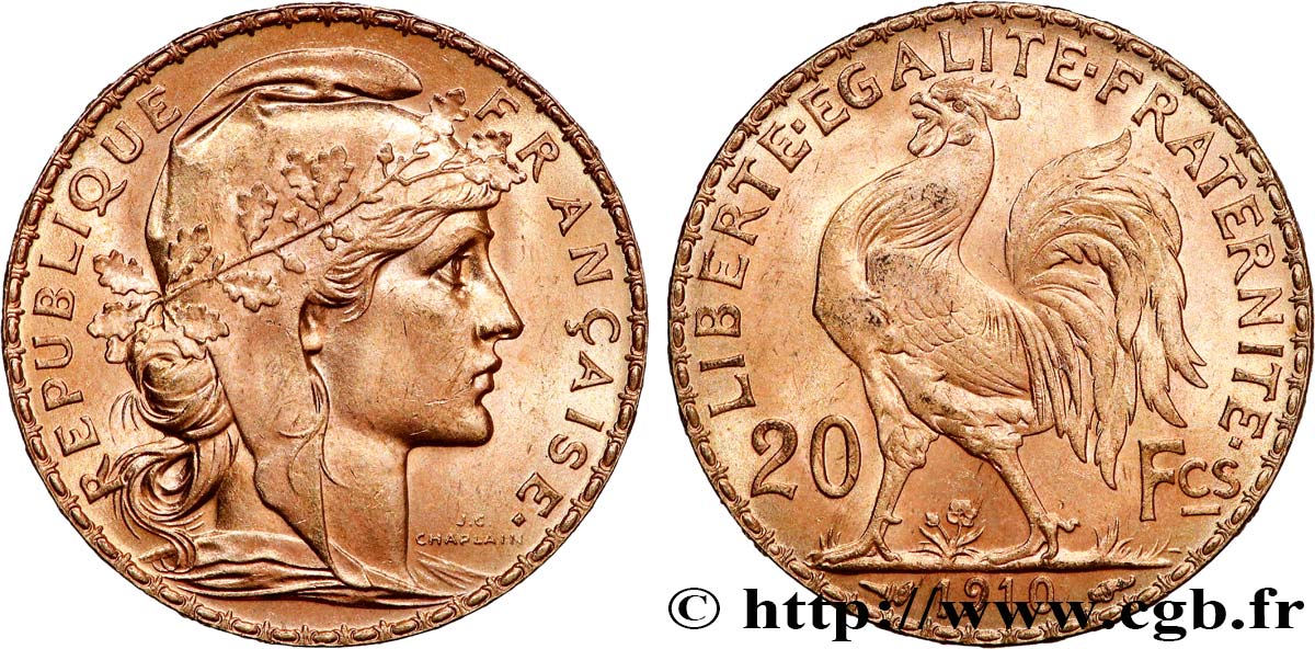 20 francs or Coq, Liberté Égalité Fraternité 1910 Paris F.535/4 SUP+ 