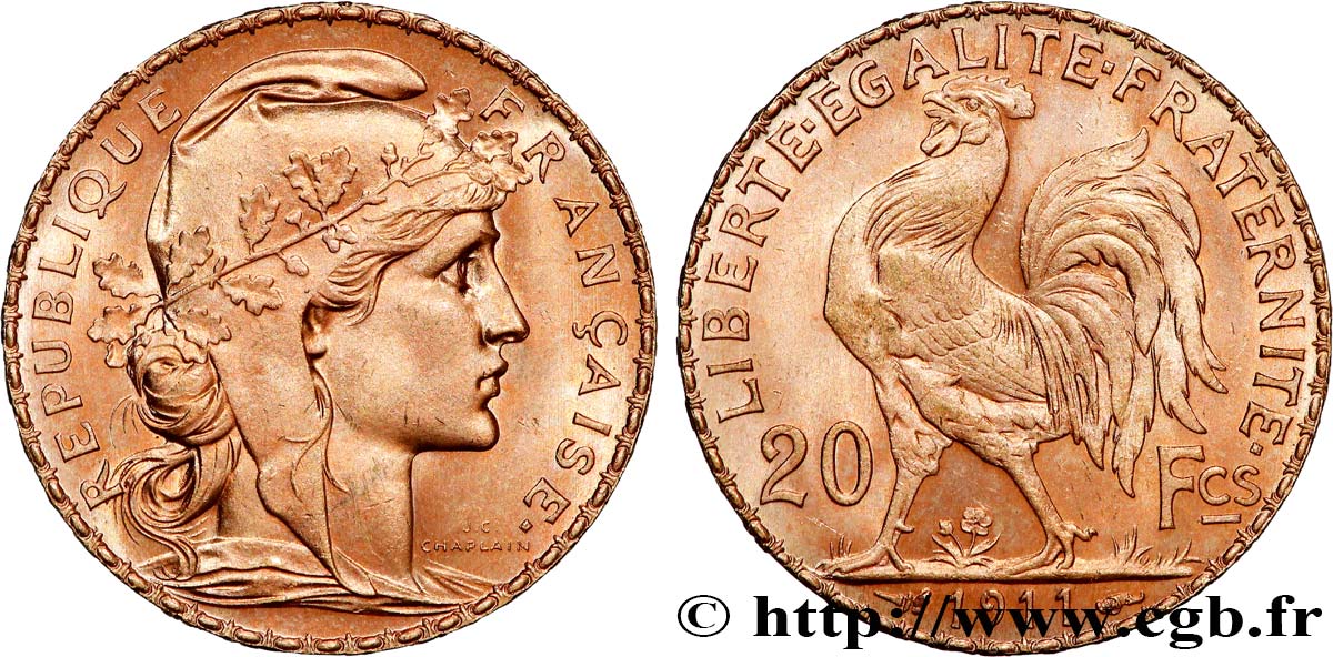 20 francs or Coq, Liberté Égalité Fraternité 1911 Paris F.535/5 SUP+ 