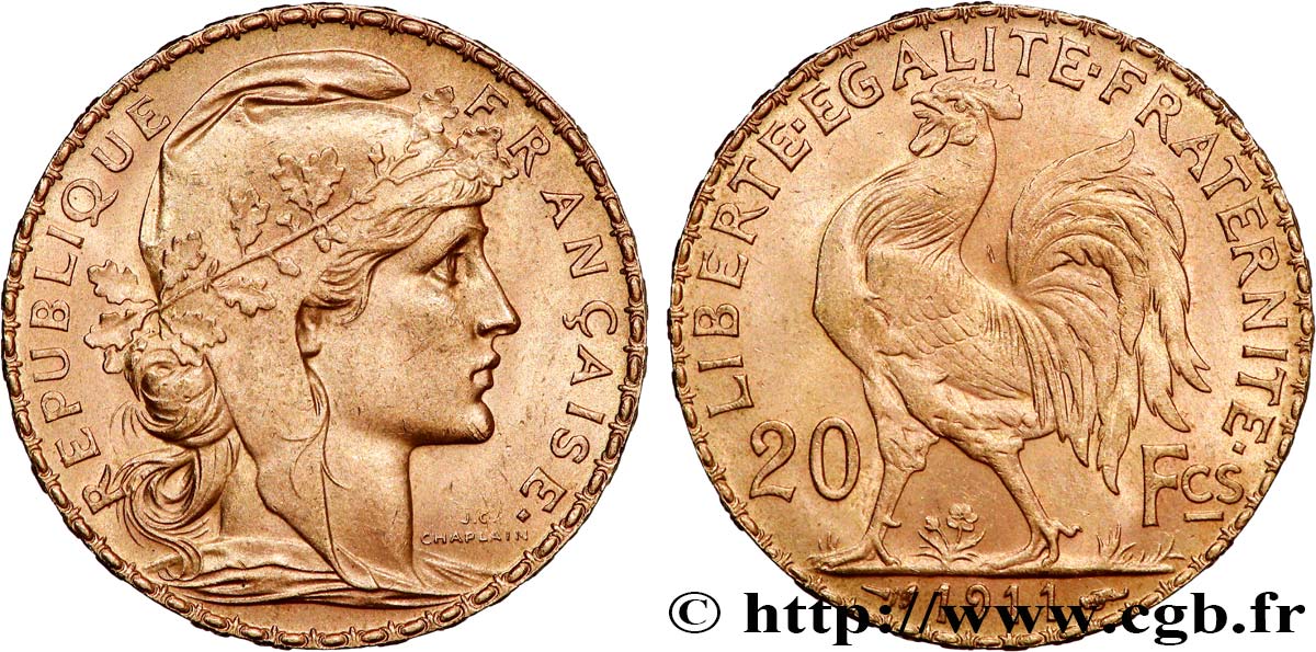 20 francs or Coq, Liberté Égalité Fraternité 1911 Paris F.535/5 SUP 