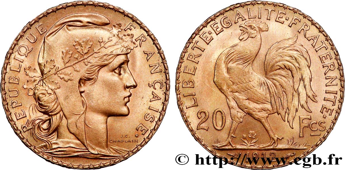20 francs or Coq, Liberté Égalité Fraternité 1912 Paris F.535/6 SPL 