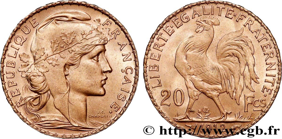 20 francs or Coq, Liberté Égalité Fraternité 1912 Paris F.535/6 SUP+ 