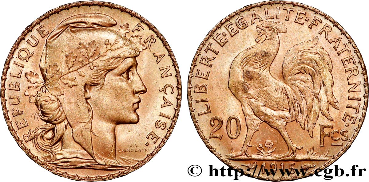 20 francs or Coq, Liberté Égalité Fraternité 1913 Paris F.535/7 SUP 