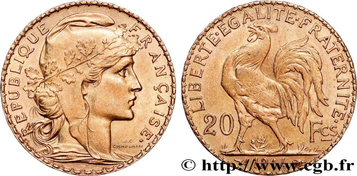 20 francs or Coq, Liberté Égalité Fraternité 1914 Paris F.535/8 TTB 