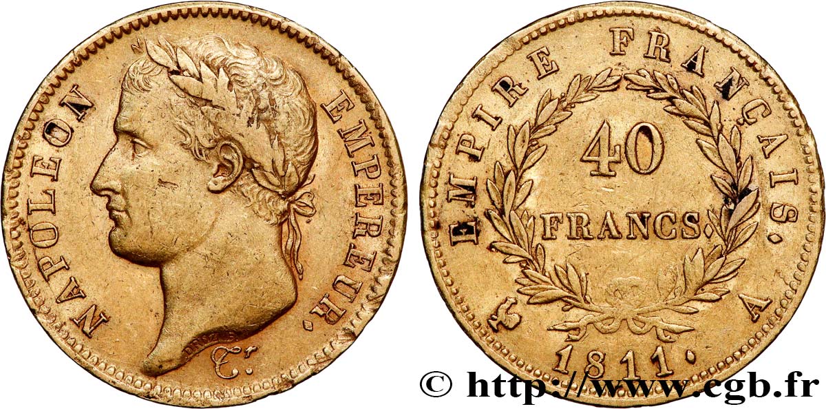 40 francs or Napoléon tête laurée, Empire français 1811 Paris F.541/6 XF40 