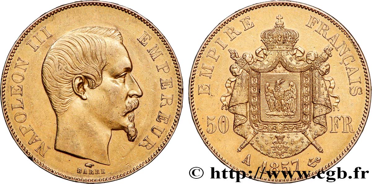 50 francs or Napoléon III, tête nue 1857 Paris F.547/4 SUP55 