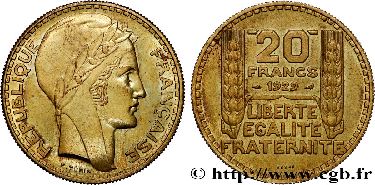 Essai de 20 francs Turin en bronze-aluminium 1929 Paris GEM.199 5 MS61 