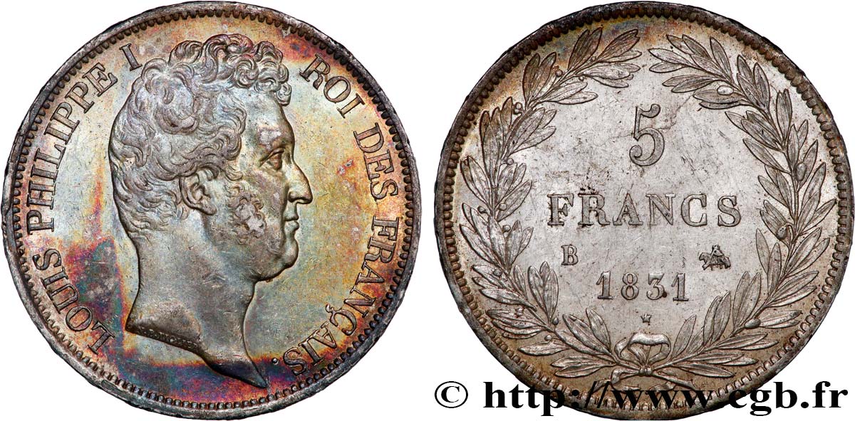 5 francs type Tiolier avec le I, tranche en relief 1831 Rouen F.316/3 AU55 