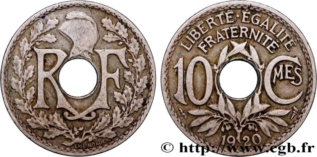 10 centimes Lindauer, Flan en partie magnétique 1920  F.138/4 var. TB+ 