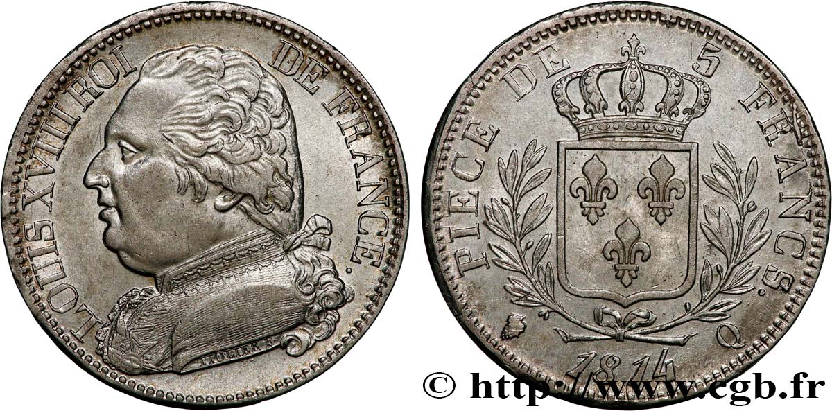 5 francs Louis XVIII, buste habillé 1814 Perpignan F.308/11 SPL 