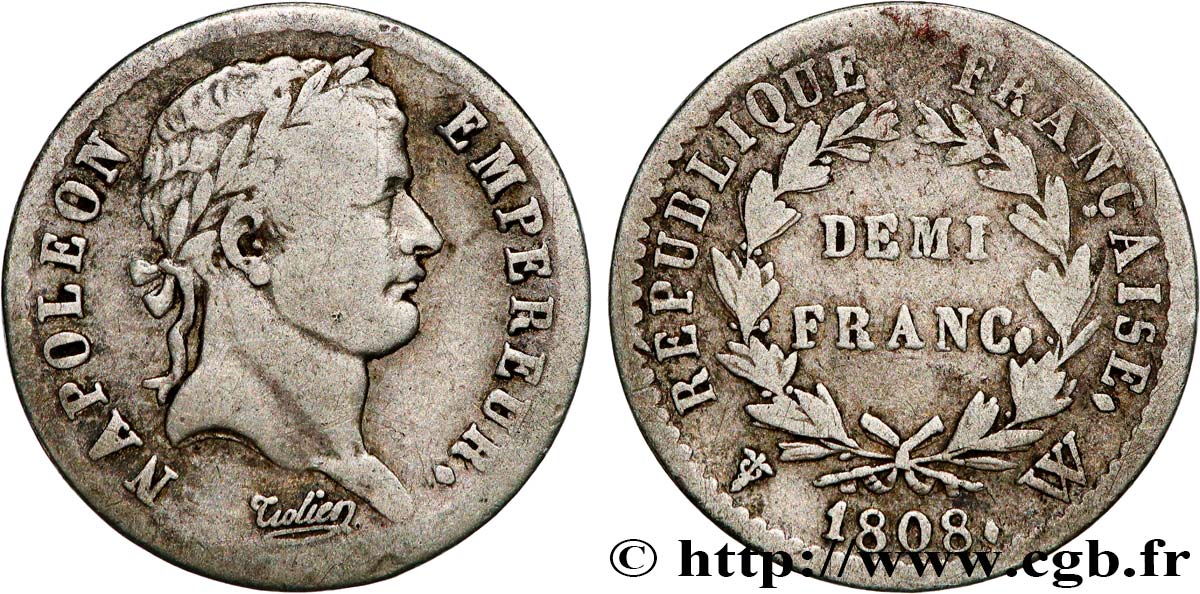 Demi-franc Napoléon Ier tête laurée, République française 1808 Lille F.177/16 VF30 