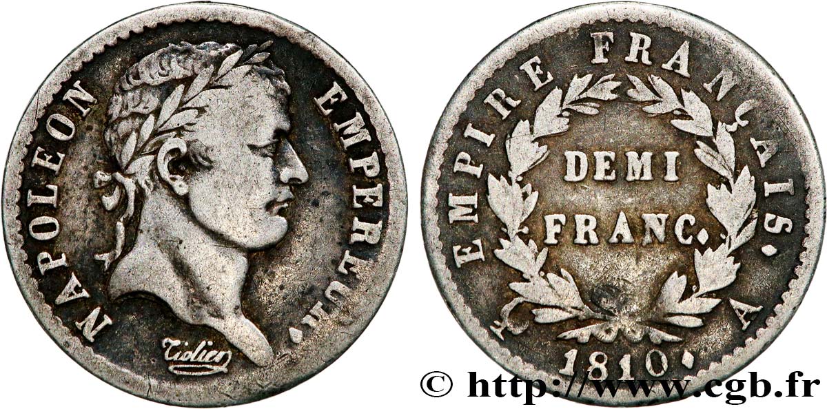 Demi-franc Napoléon Ier tête laurée, Empire français 1810 Paris F.178/10 S 