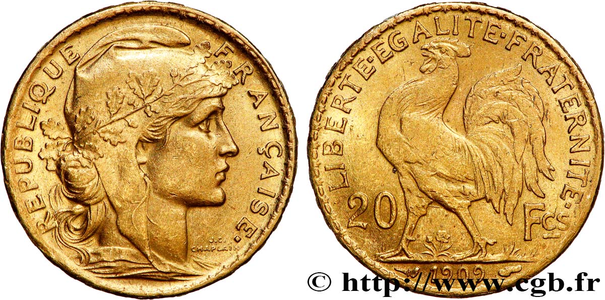 FAUX de 20 francs or Coq, Liberté Égalité Fraternité, frappe médaille 1909 Paris F.535/3 var. SUP 