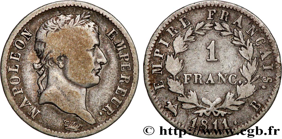 1 franc Napoléon Ier tête laurée, Empire français 1811 Rouen F.205/29 TB20 
