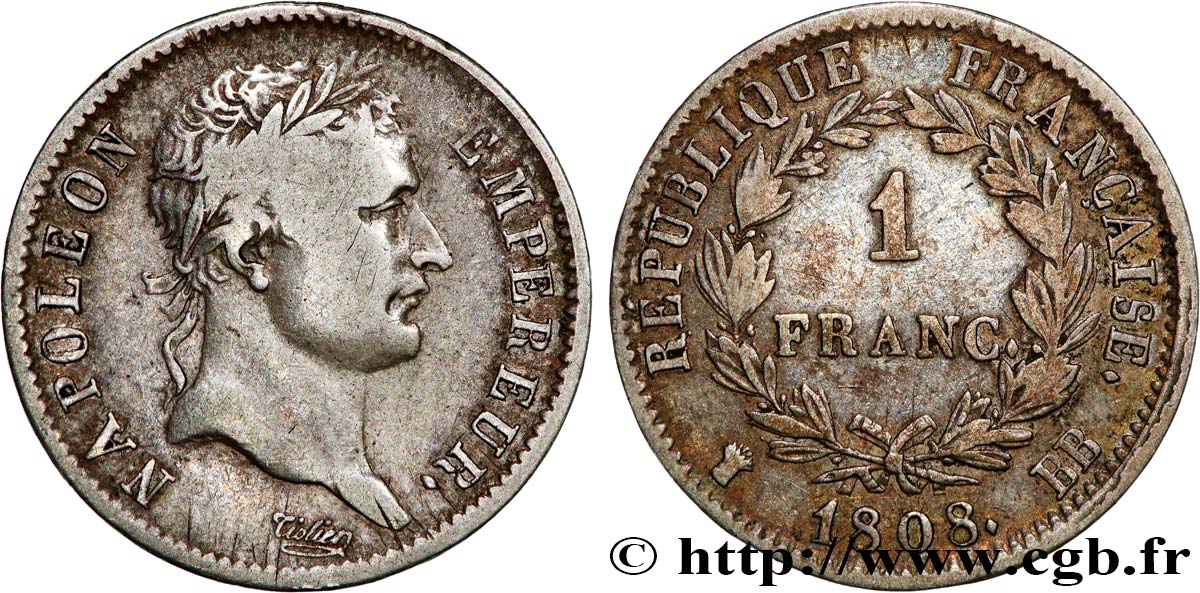 1 franc Napoléon Ier tête laurée, République française 1808 Strasbourg F.204/4 VF35 