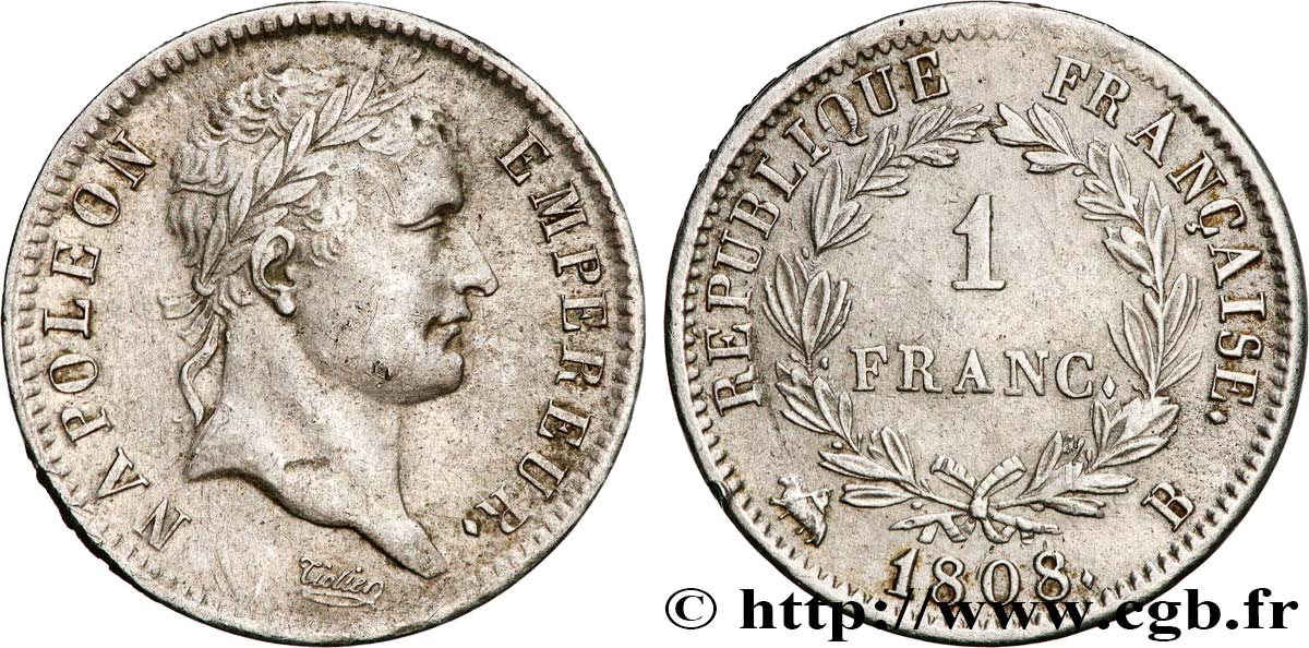 1 franc Napoléon Ier tête laurée, République française 1808 Rouen F.204/3 TTB+ 