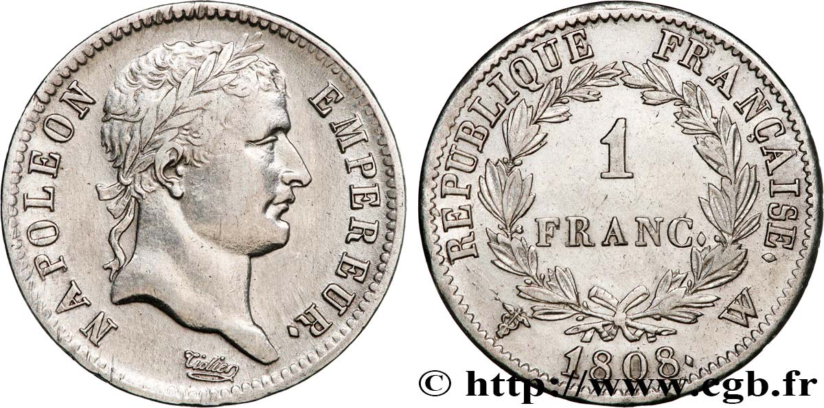 1 franc Napoléon Ier tête laurée, République française 1808 Lille F.204/15 AU 