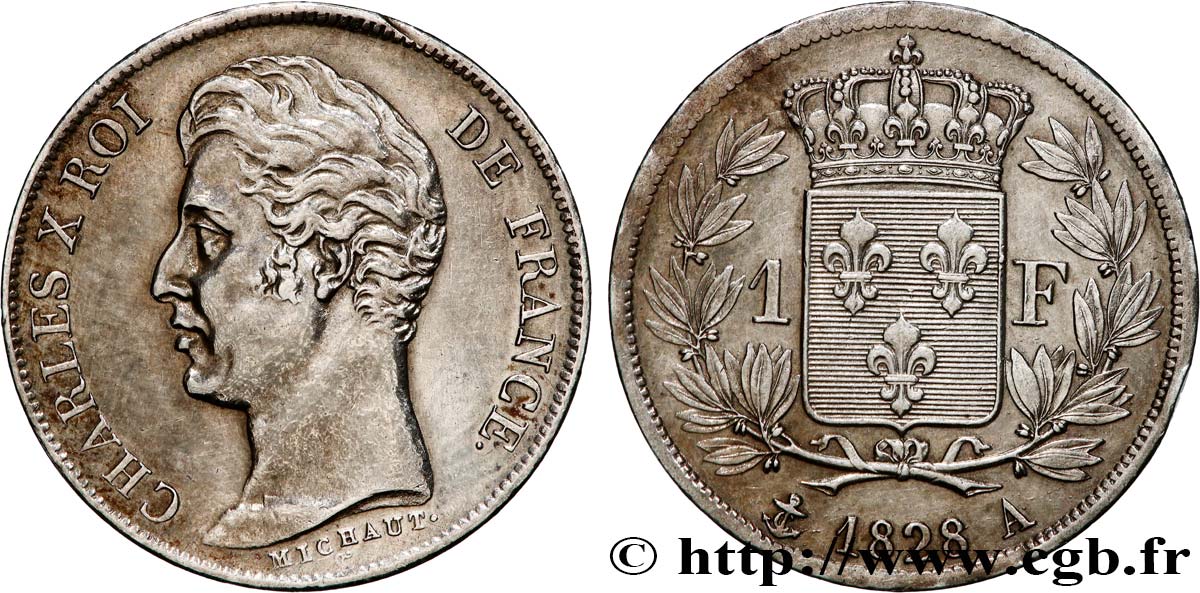 1 franc Charles X, matrice du revers à cinq feuilles 1828 Paris F.207/37 TTB+ 