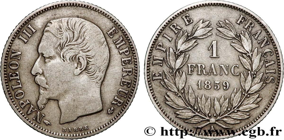 1 franc Napoléon III, tête nue 1859 Paris F.214/12 TB+ 