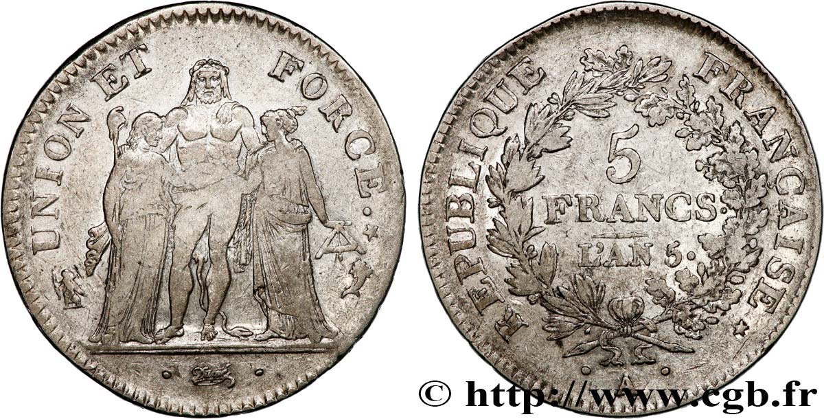 5 francs Union et Force, Union desserré, avec glands intérieurs et gland extérieur 1797 Paris F.291/5 TB35 