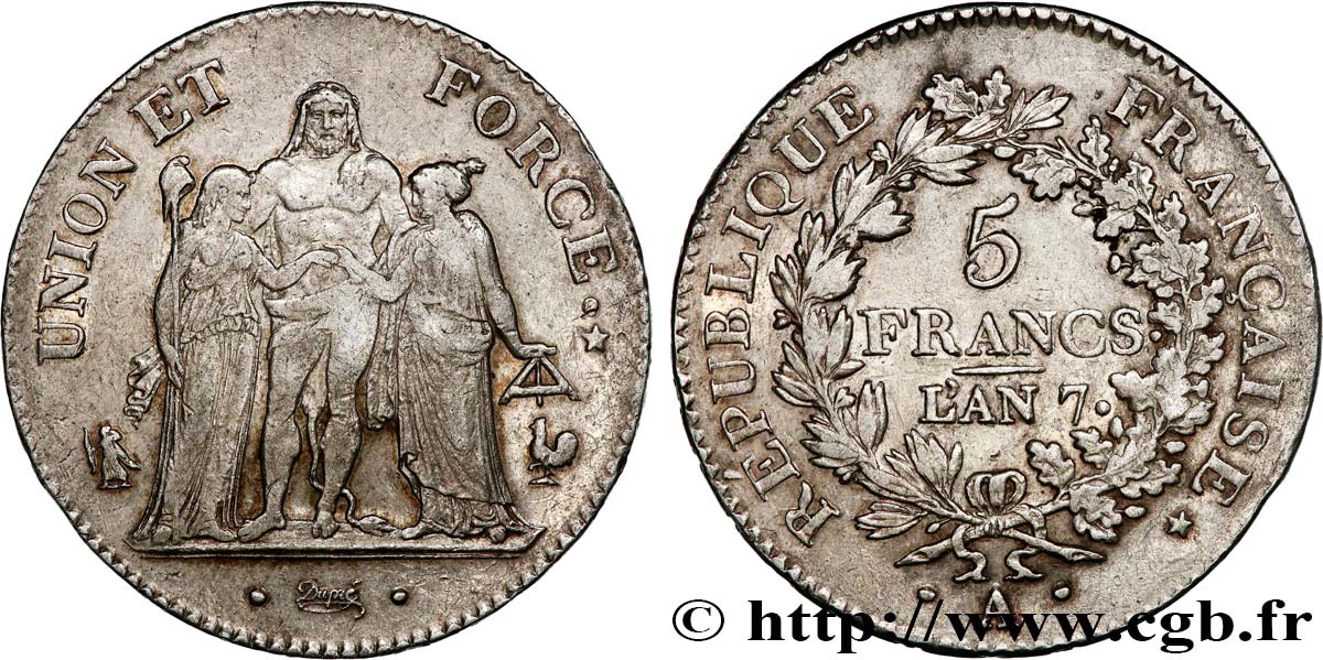 5 francs Union et Force, Union serré, avec glands intérieurs et gland extérieur 1799 Paris F.288/95 TTB40 