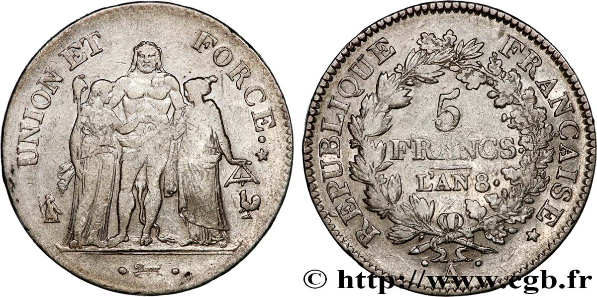 5 francs Union et Force, Union serré, avec glands intérieurs et gland extérieur 1800 Paris F.288/126 VF 
