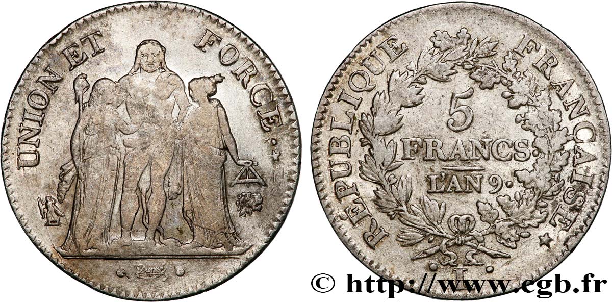 5 francs Union et Force, Union serré, avec glands intérieurs et gland extérieur 1801 Bayonne F.288/161 VF 