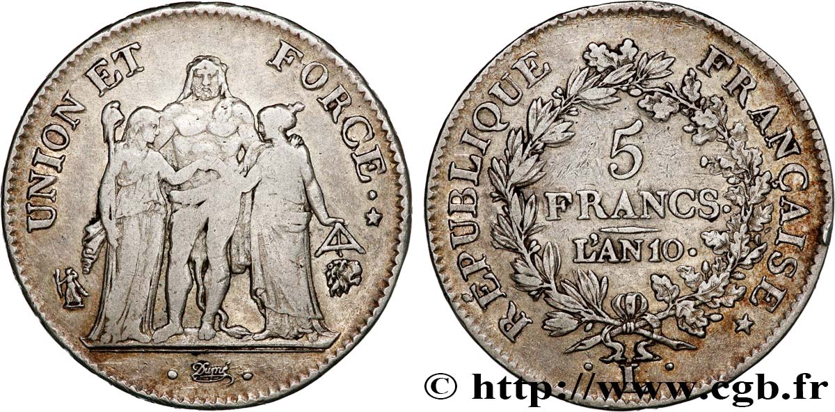 5 francs Union et Force, Union serré, avec glands intérieurs et gland extérieur 1802 Bayonne F.288/180 VF30 