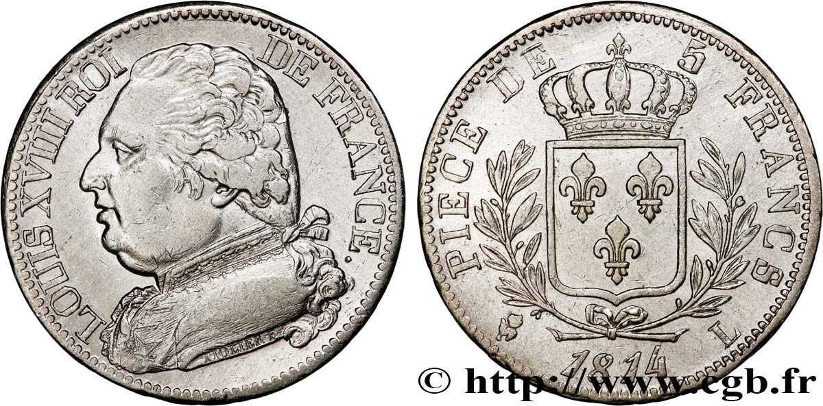 5 francs Louis XVIII, buste habillé 1814 Bayonne F.308/8 fVZ 