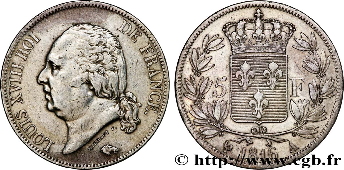 5 francs Louis XVIII, tête nue 1816  Paris F.309/1 XF45 