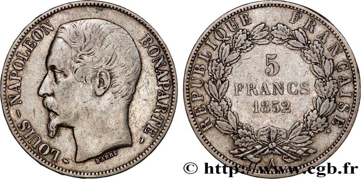5 francs Louis-Napoléon, 1er type 1852 Paris F.329/1 XF40 