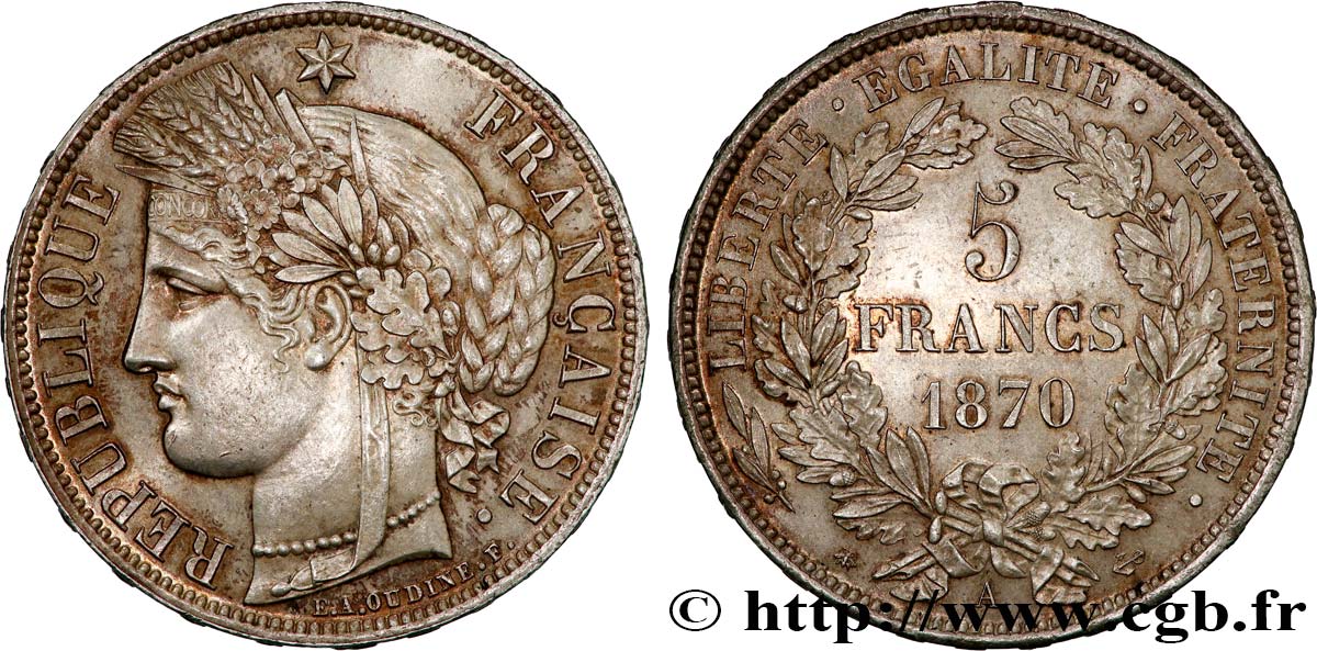 5 francs Cérès, avec légende 1870 Paris F.333/1 EBC62 