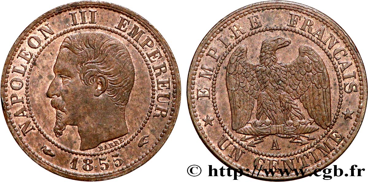 Un centime Napoléon III, tête nue, différent levrette 1855 Paris F.102/15 MS62 