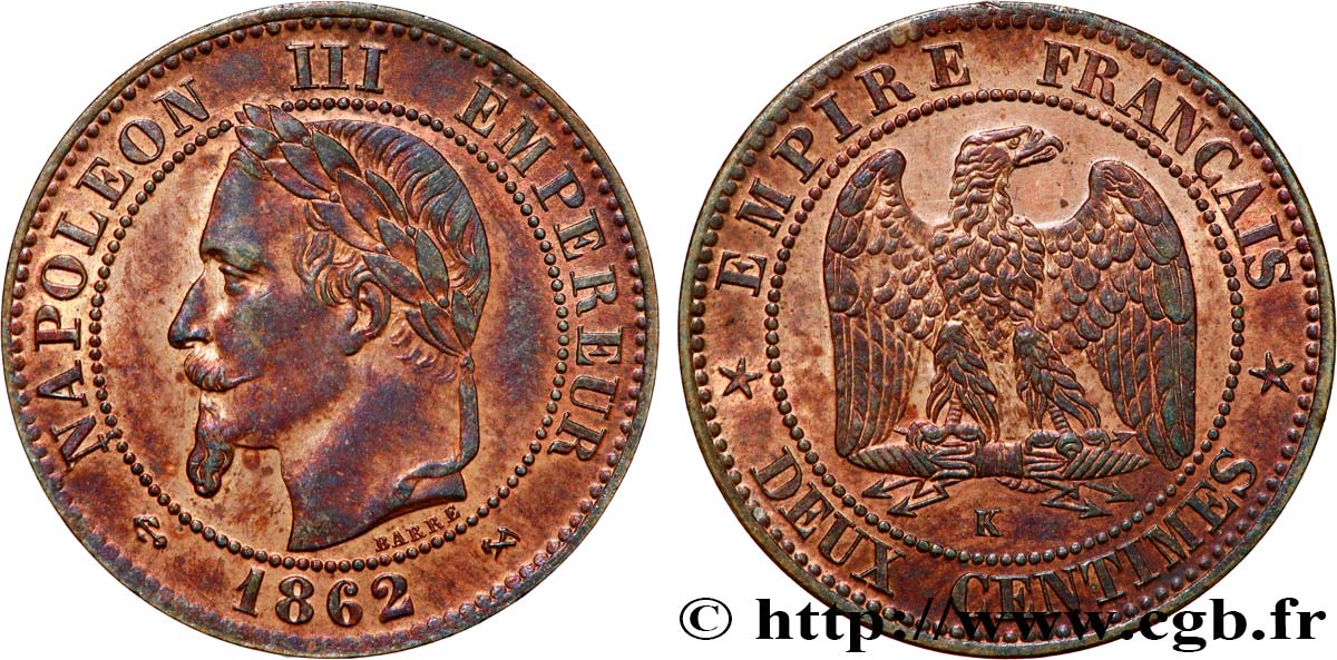Deux centimes Napoléon III, tête laurée, buste définitif 1862 Bordeaux F.108A/7 SUP 