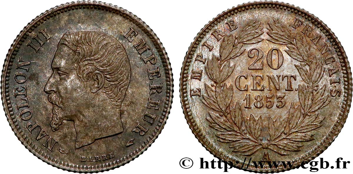 20 centimes Napoléon III, tête nue 1853 Paris F.148/1 MS62 