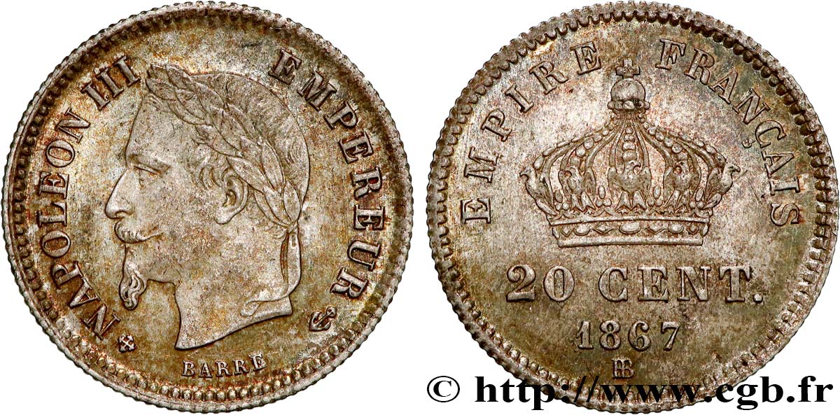 20 centimes Napoléon III, tête laurée, grand module 1867 Strasbourg F.150/2 VZ62 