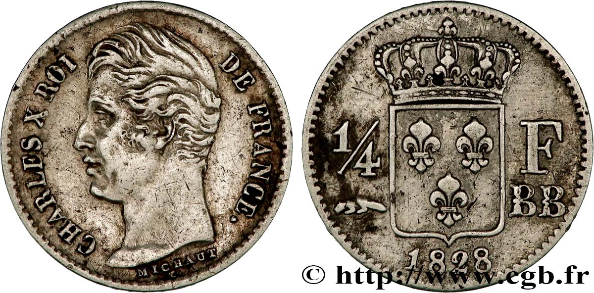 1/4 franc Charles X 1828 Strasbourg F.164/20 TB+ 