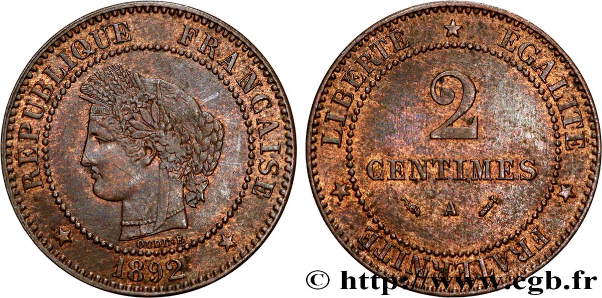 2 centimes Cérès 1892 Paris F.109/18 EBC+ 