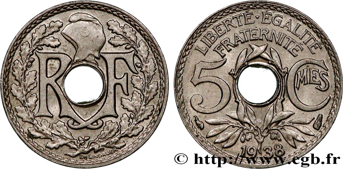 5 centimes Lindauer, petit module 1938 Paris F.122/21 MS63 