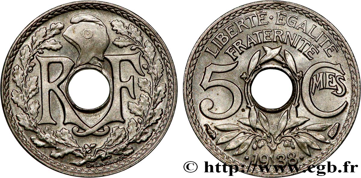 5 centimes Lindauer, maillechort 1938 Paris F.123A/2 FDC65 