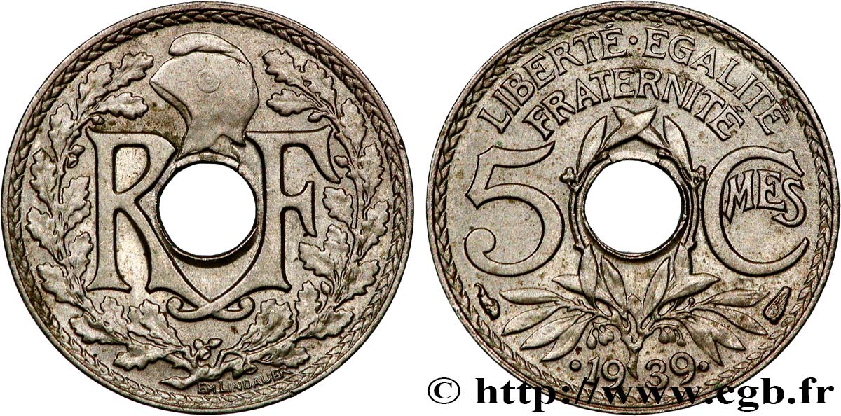 5 centimes Lindauer, maillechort 1939 Paris F.123A/3 SUP61 