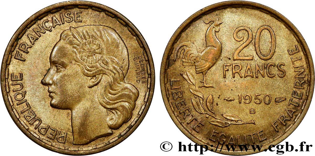 20 francs Georges Guiraud, 4 faucilles 1950 Beaumont-Le-Roger F.401/3 fVZ 