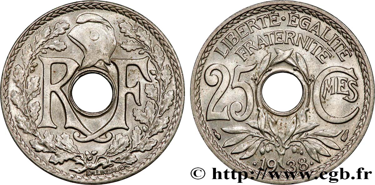 25 centimes Lindauer, maillechort 1938  F.172/2 SUP62 