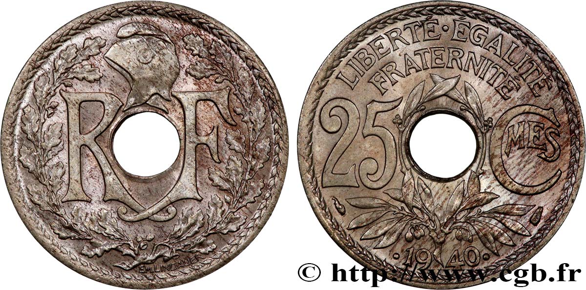 25 centimes Lindauer, maillechort, poids faible 1940  F.172/4 SPL64 
