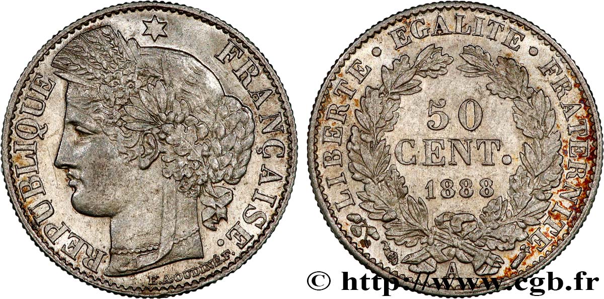 50 centimes Cérès, Troisième République 1888 Paris F.189/13 SUP 
