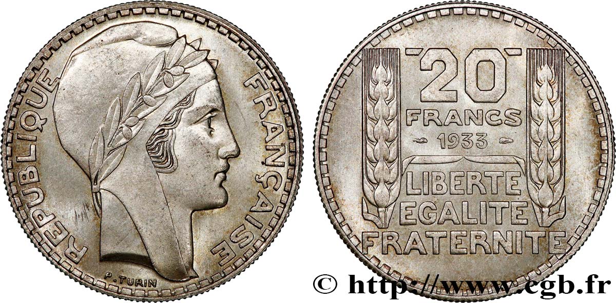 20 francs Turin, rameaux courts 1933  F.400/4 MS64 
