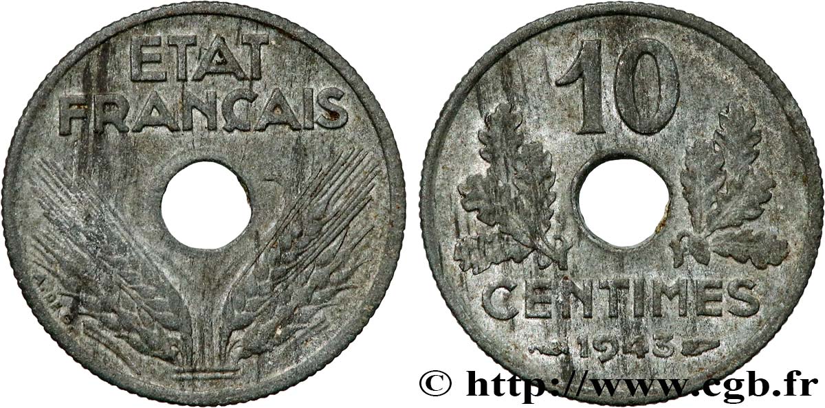 10 centimes État français, petit module 1943  F.142/2 TTB50 